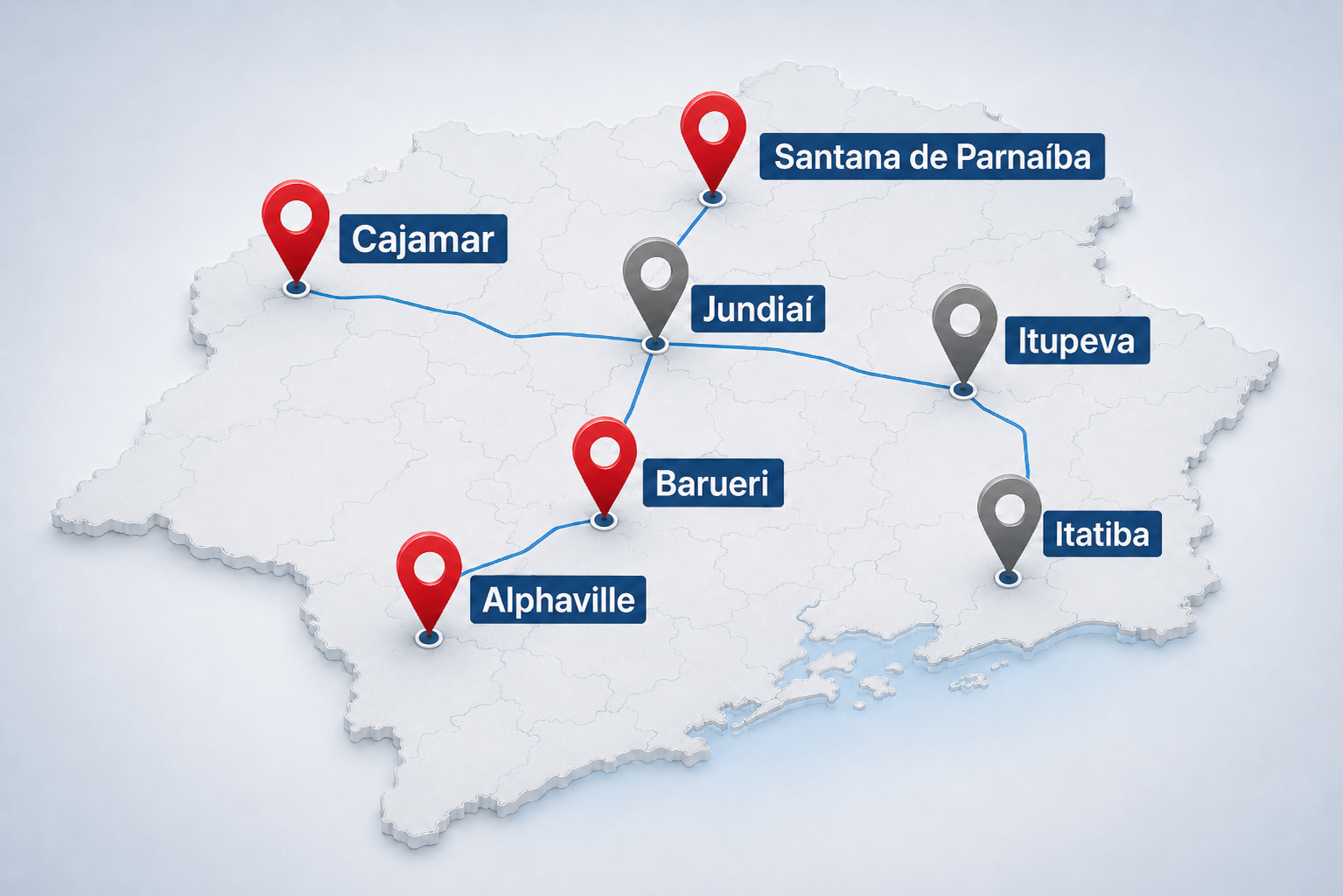 Mapa de rotas corporativas entre Cajamar, Itupeva, Jundiaí, Barueri, Santana de Parnaíba e Alphaville